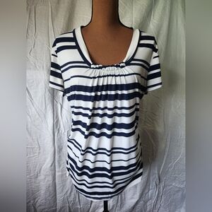 New York & Company Blue and White Ruched Blouse with Peter Pan Collar